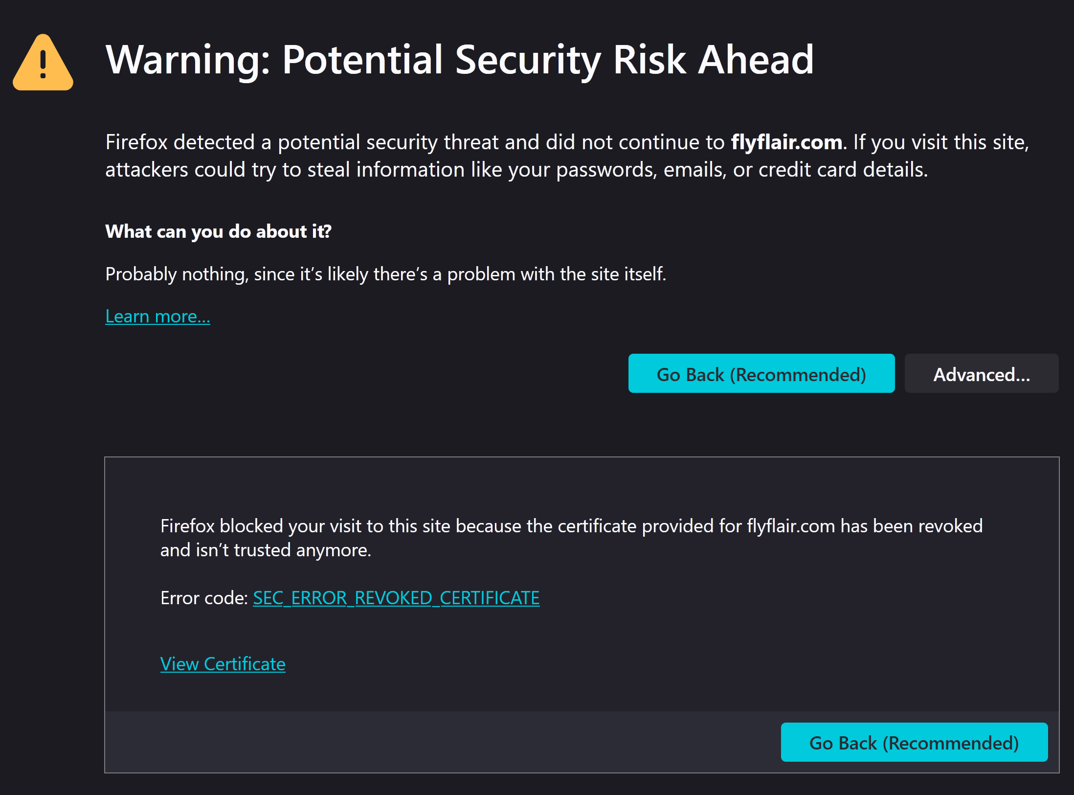firefox security warning screen indicating the SSL certificate was revoked